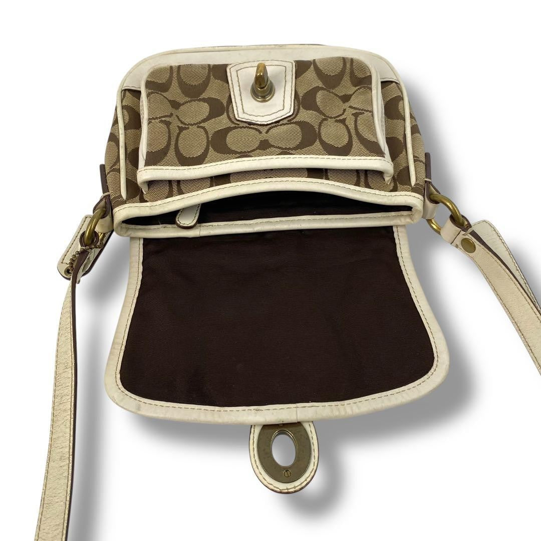 COACH Shoulder Bag Purse Turn Lock Canvas Leather White Beige Authentic