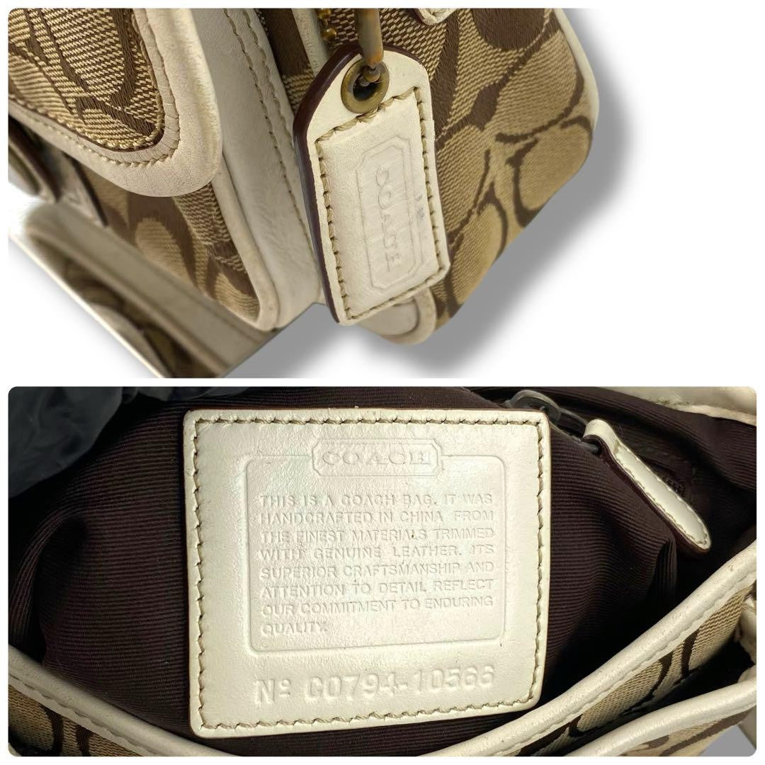 COACH Shoulder Bag Purse Turn Lock Canvas Leather White Beige Authentic