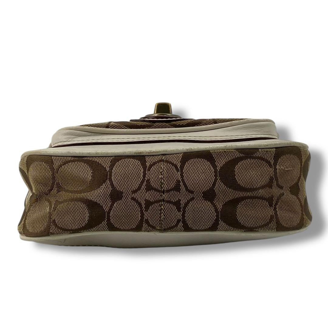 COACH Shoulder Bag Purse Turn Lock Canvas Leather White Beige Authentic