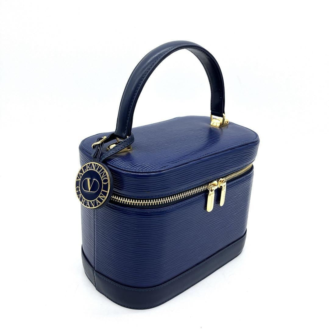 Valentino Garavani Vanity Bag Hand Bag Tote Purse Leather Navy Authentic