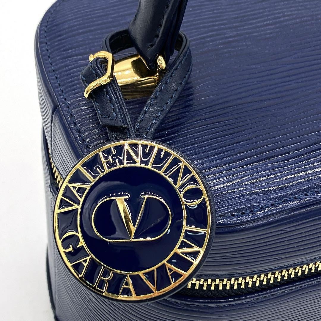 Valentino Garavani Vanity Bag Hand Bag Tote Purse Leather Navy Authentic