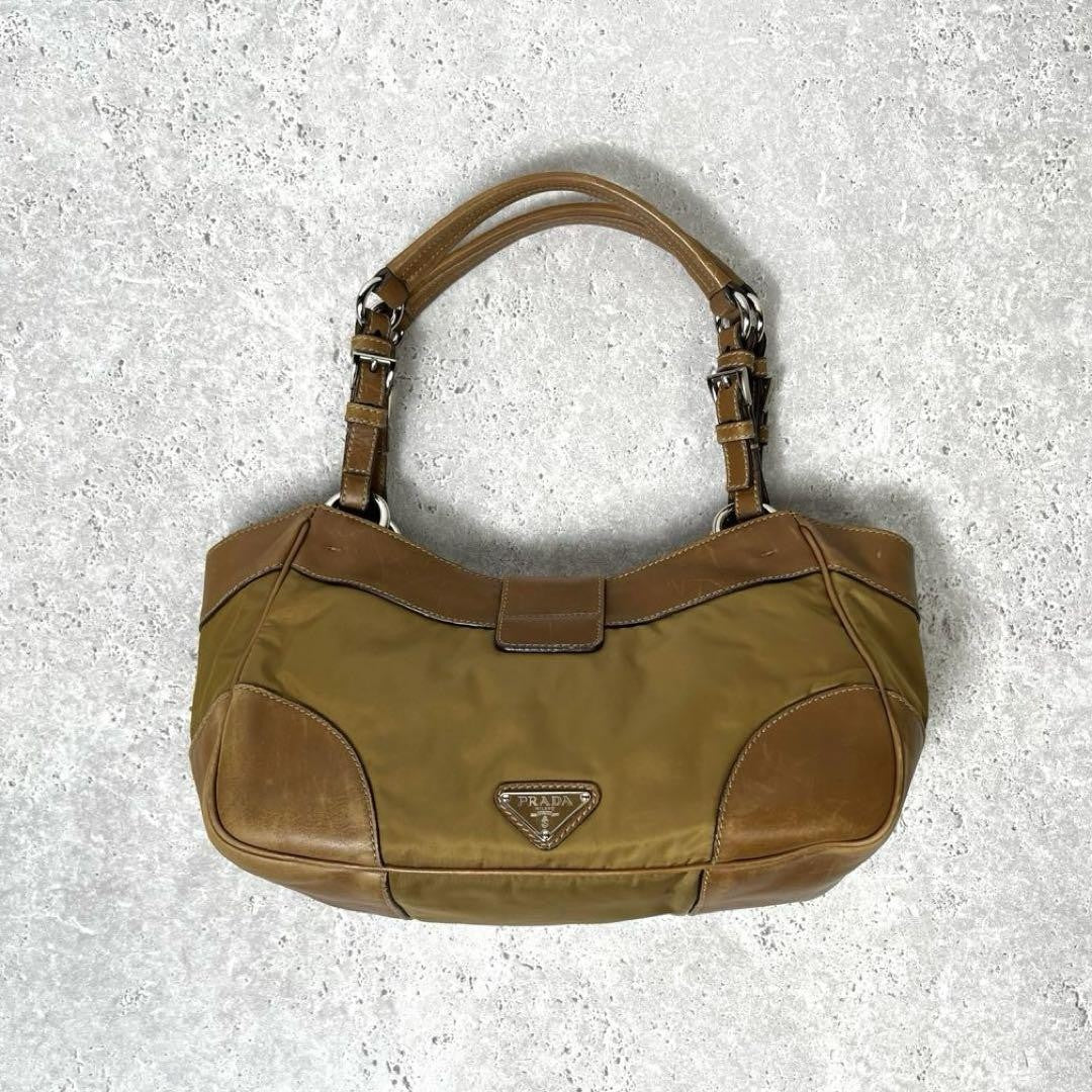 PRADA Bag Hand Tote Purse Logo Nylon Leather Beige Authentic Vintage