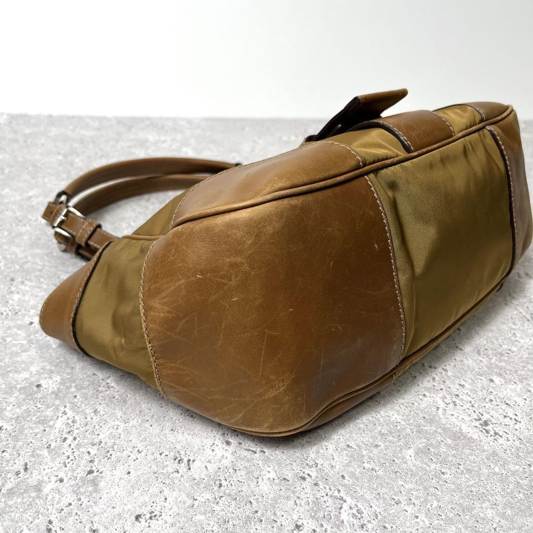 PRADA Bag Hand Tote Purse Logo Nylon Leather Beige Authentic Vintage