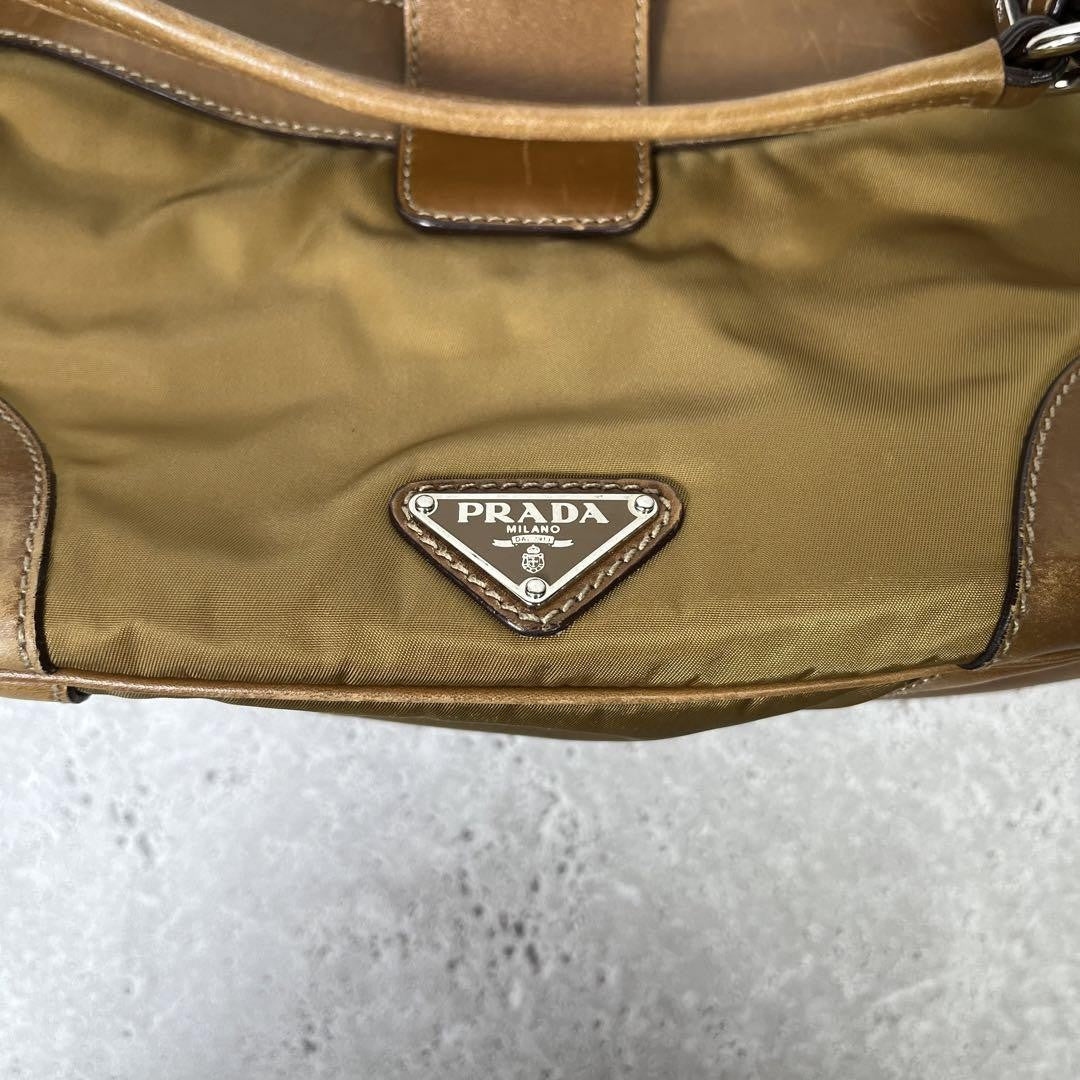 PRADA Bag Hand Tote Purse Logo Nylon Leather Beige Authentic Vintage