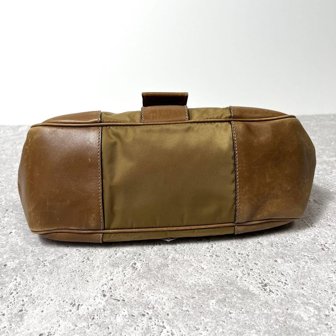 PRADA Bag Hand Tote Purse Logo Nylon Leather Beige Authentic Vintage
