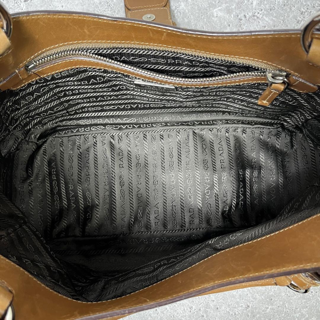 PRADA Bag Hand Tote Purse Logo Nylon Leather Beige Authentic Vintage