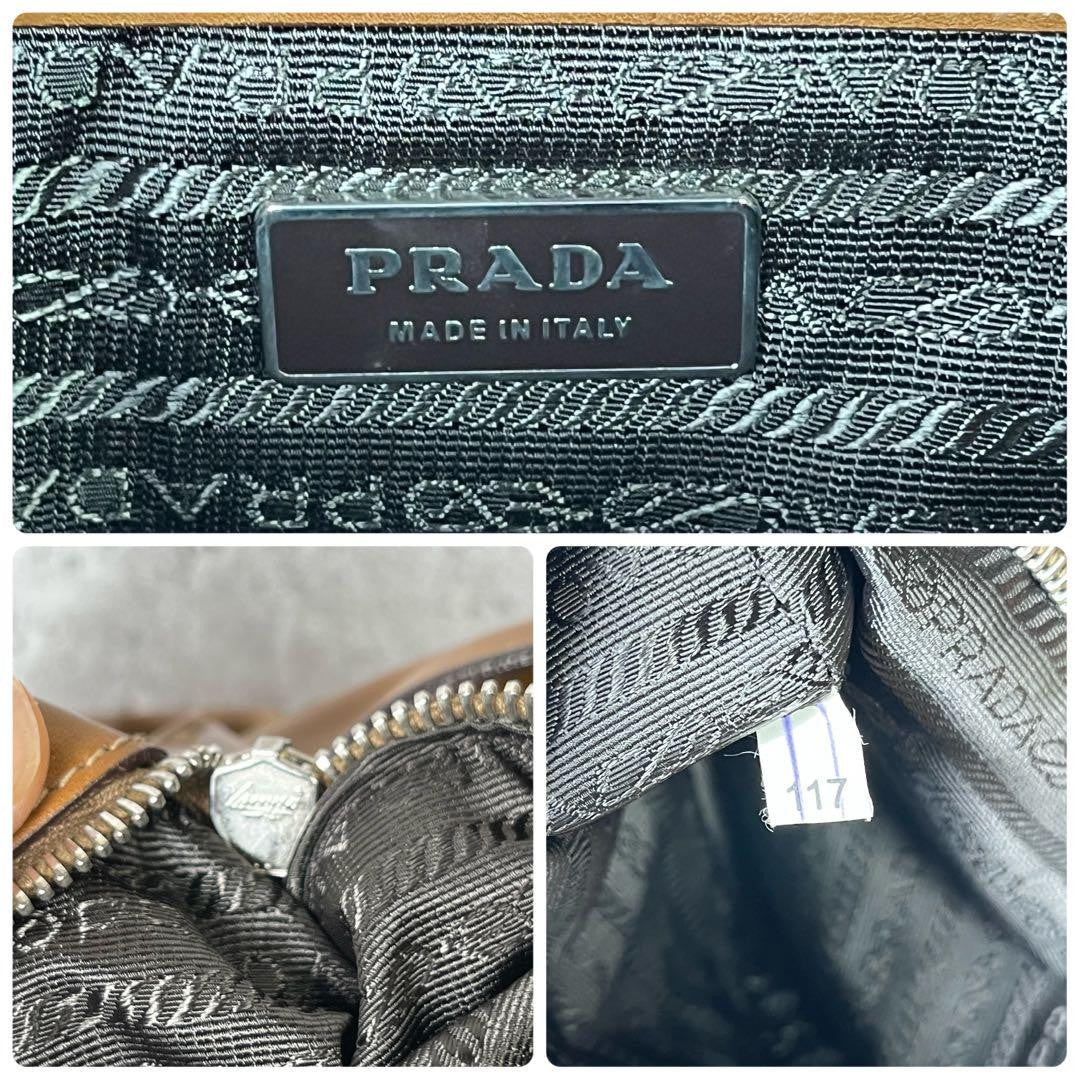 PRADA Bag Hand Tote Purse Logo Nylon Leather Beige Authentic Vintage