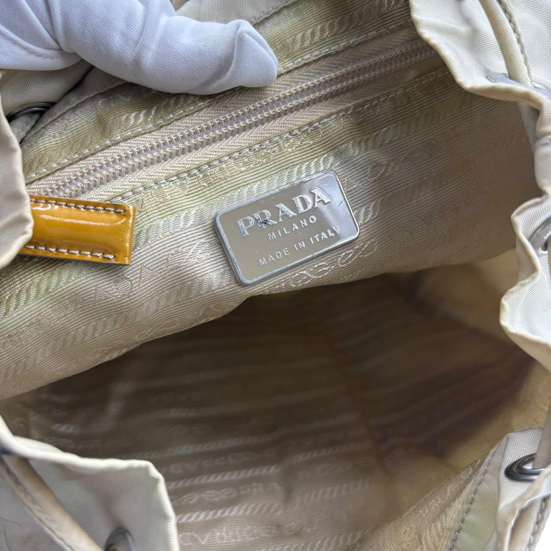 PRADA Bag Backpack Purse Logo Nylon Leather Beige Authentic