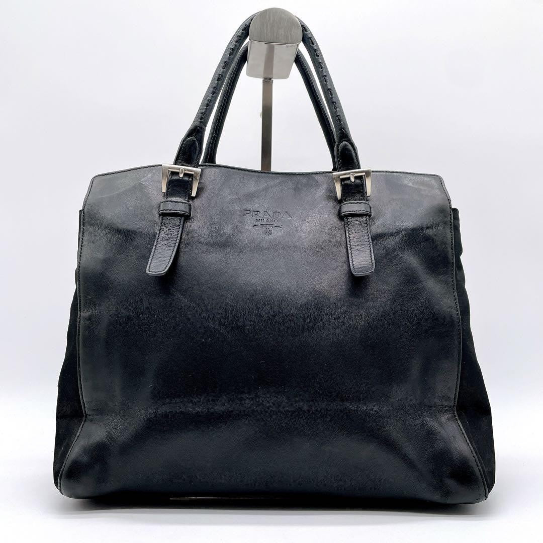 PRADA Bag Logo Hand Tote Purse Leather Black Vintage Authentic