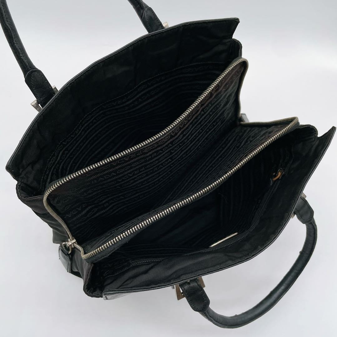 PRADA Bag Logo Hand Tote Purse Leather Black Vintage Authentic