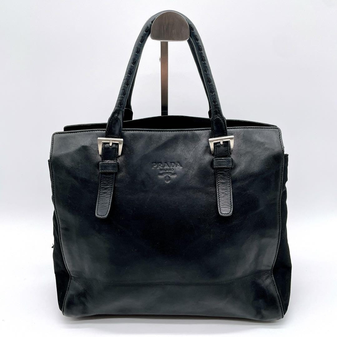 PRADA Bag Logo Hand Tote Purse Leather Black Vintage Authentic