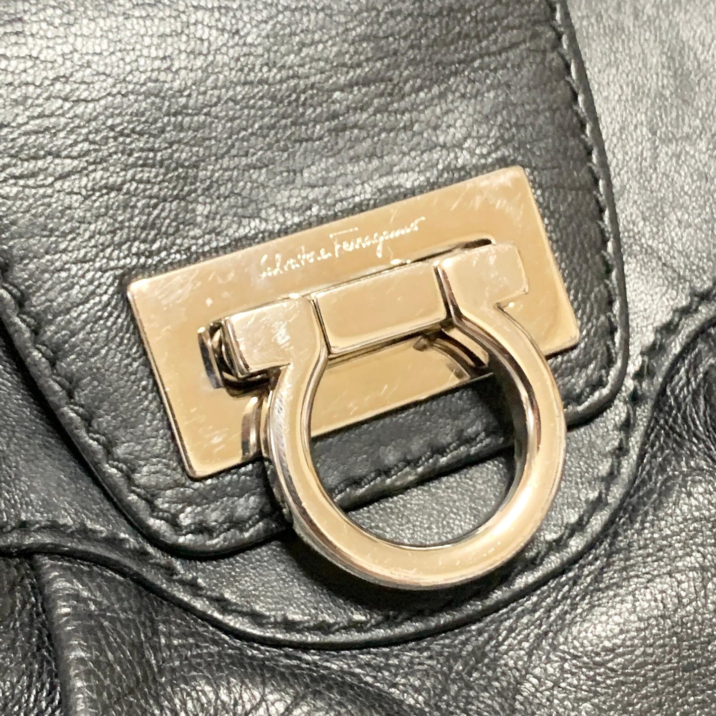 Salvatore Ferragamo Bag Gancini Hand Tote Purse Leather Black Silver Authentic