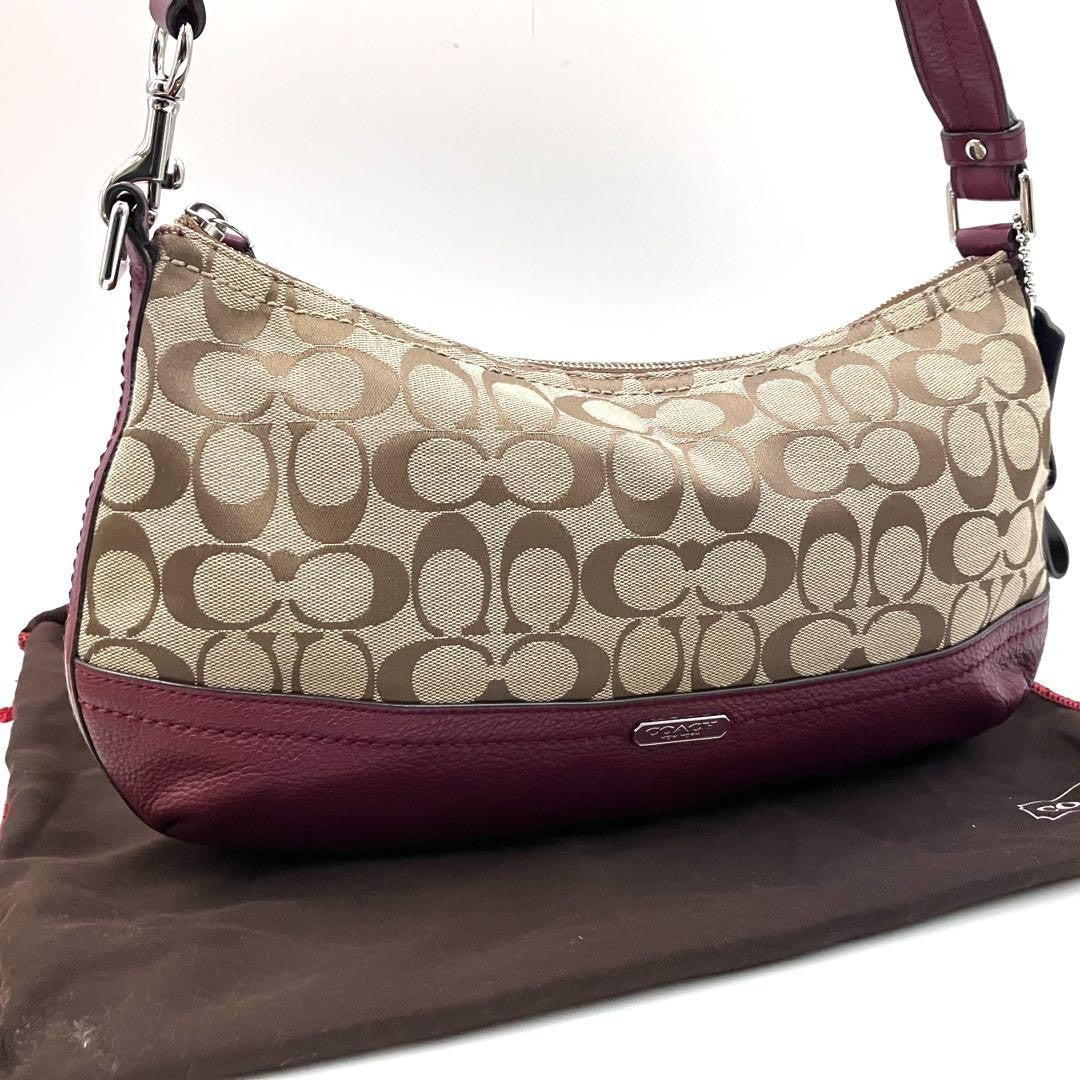 COACH Shoulder Bag Purse Signature Canvas Leather Beige Red Authentic