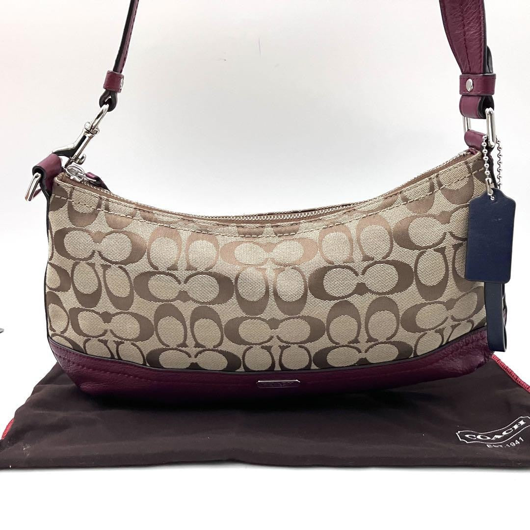 COACH Shoulder Bag Purse Signature Canvas Leather Beige Red Authentic