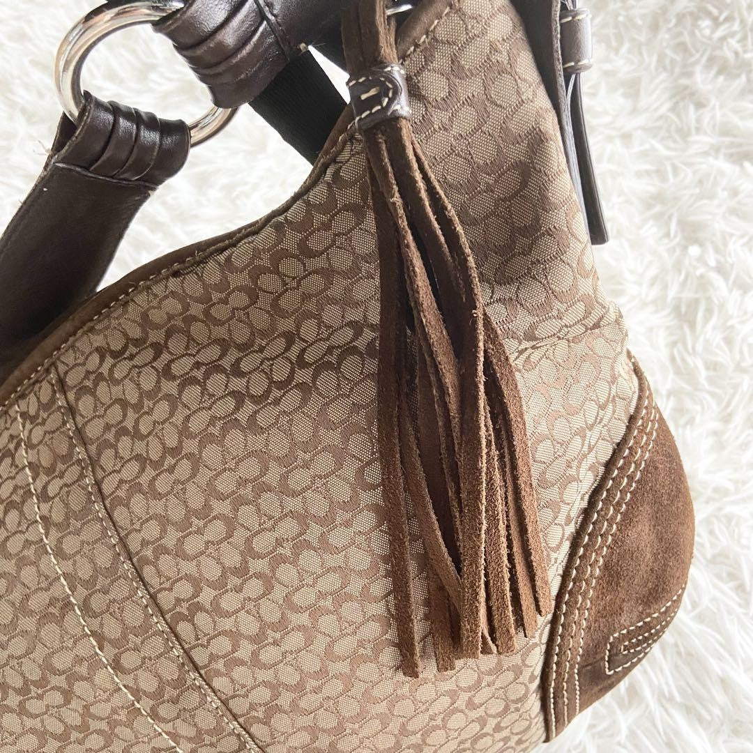 COACH Shoulder Bag Purse Signature Leather Suede Brown Authentic