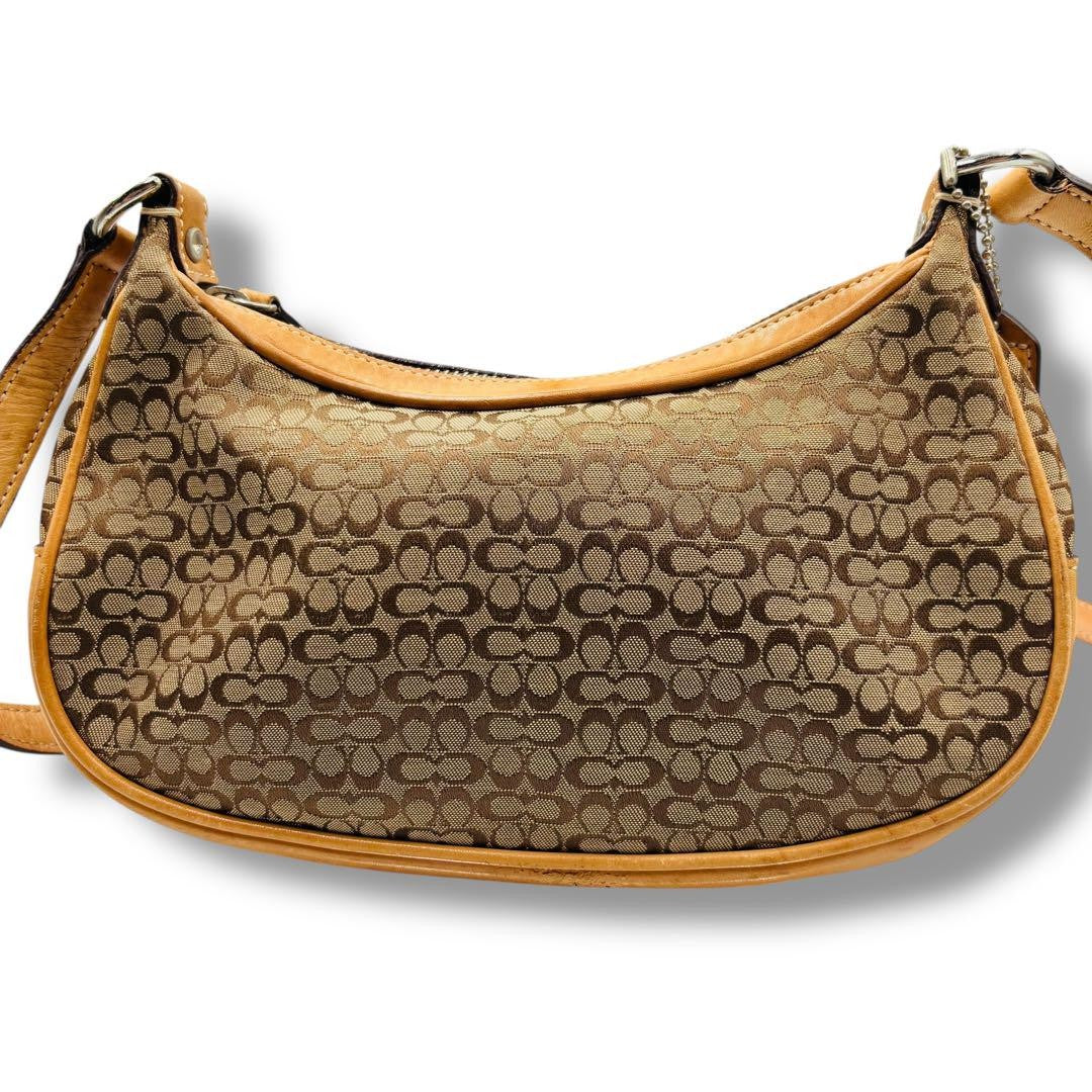 COACH Shoulder Bag Purse Signature Canvas Leather Beige Camel Authentic