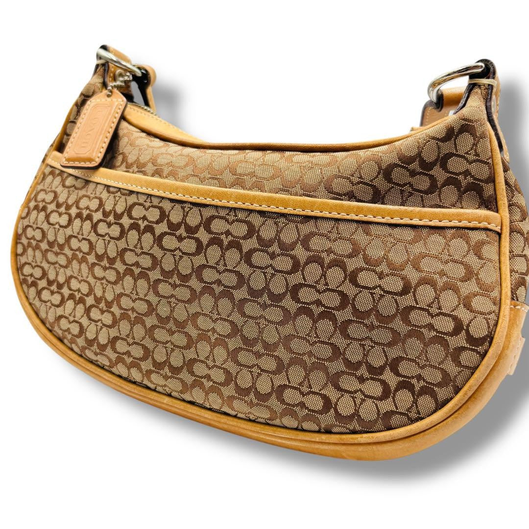 COACH Shoulder Bag Purse Signature Canvas Leather Beige Camel Authentic