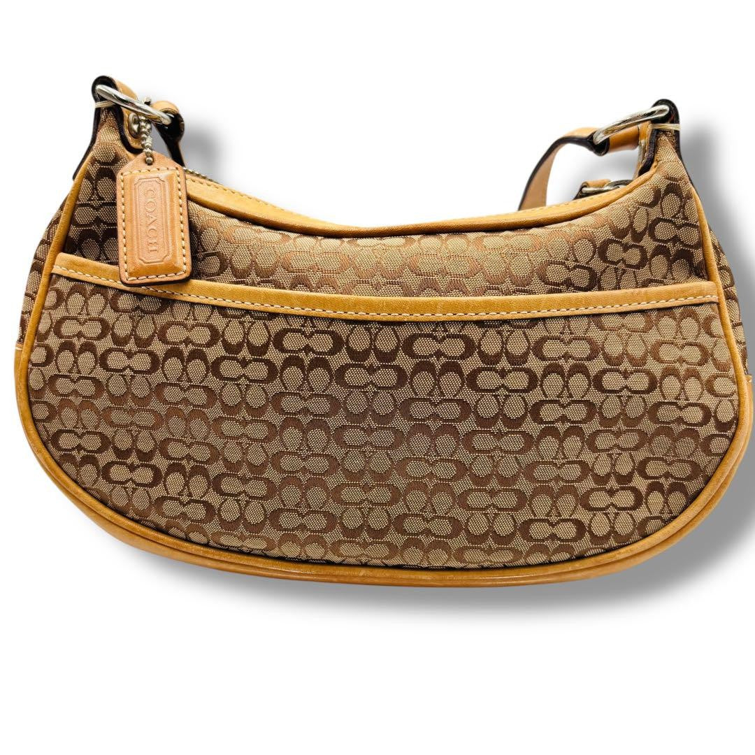 COACH Shoulder Bag Purse Signature Canvas Leather Beige Camel Authentic