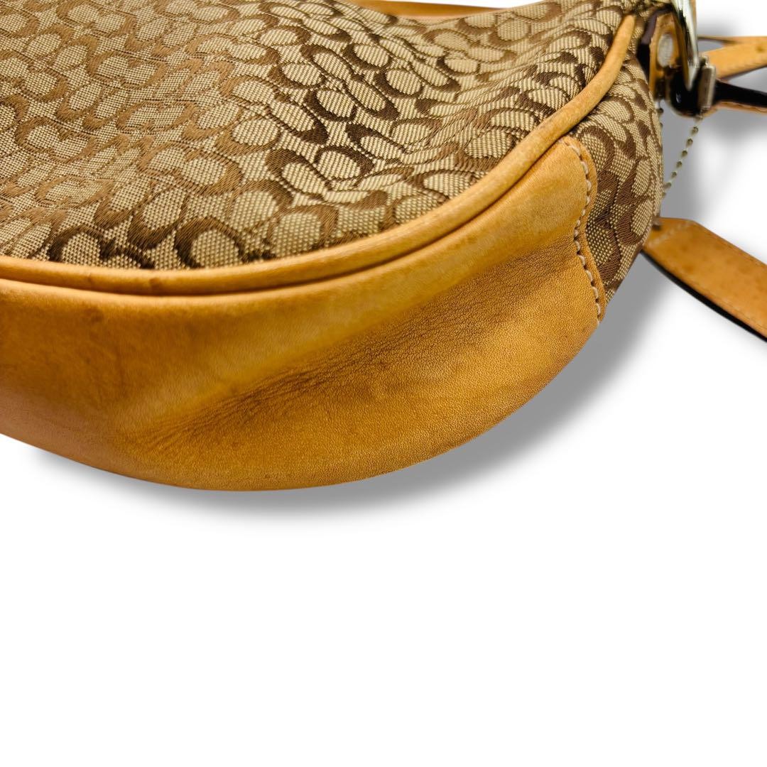 COACH Shoulder Bag Purse Signature Canvas Leather Beige Camel Authentic