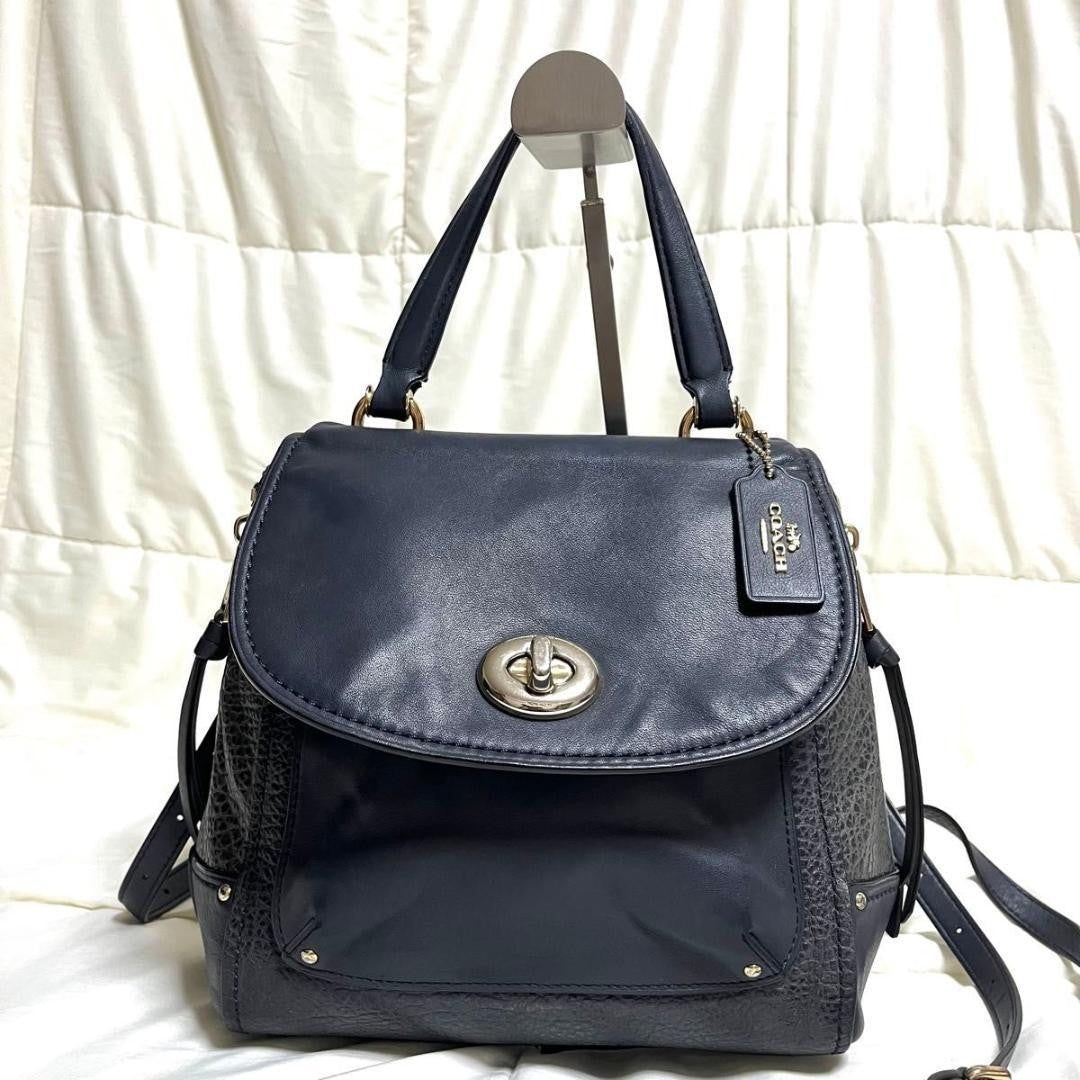 COACH Backpack Hand Shoulder Bag Purse 3way Turn Lock Leather Navy Auth