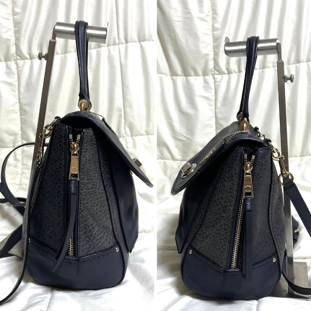 COACH Backpack Hand Shoulder Bag Purse 3way Turn Lock Leather Navy Auth
