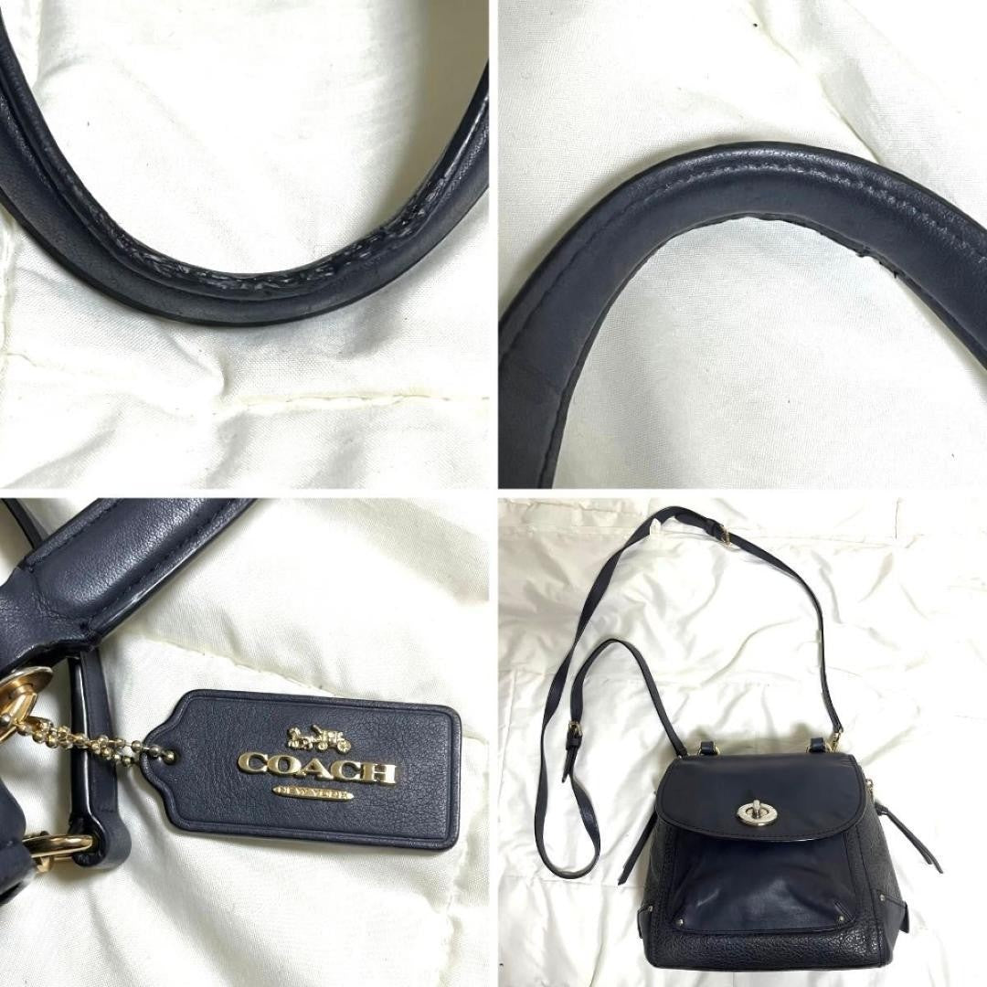 COACH Backpack Hand Shoulder Bag Purse 3way Turn Lock Leather Navy Auth