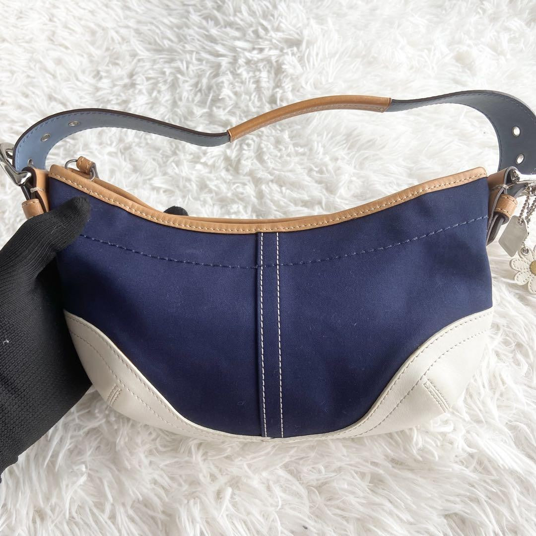 COACH Shoulder Bag Purse Canvas Leather Navy White Authentic