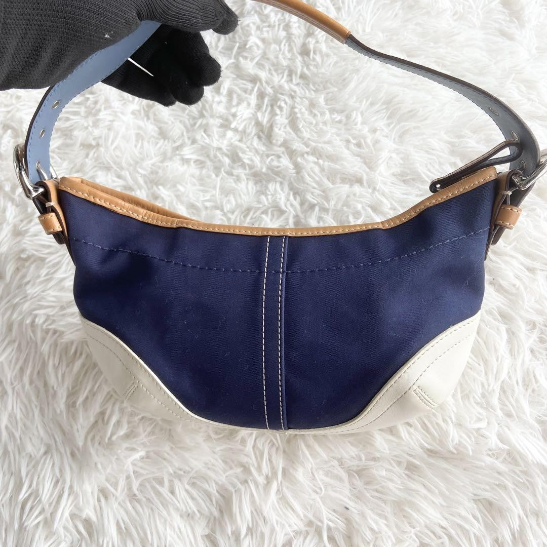 COACH Shoulder Bag Purse Canvas Leather Navy White Authentic