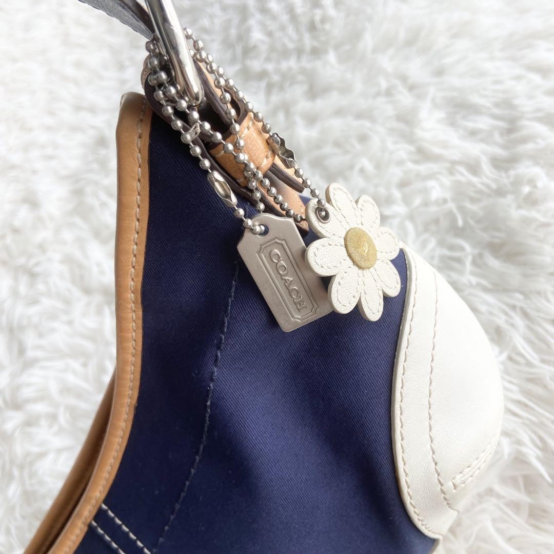COACH Shoulder Bag Purse Canvas Leather Navy White Authentic