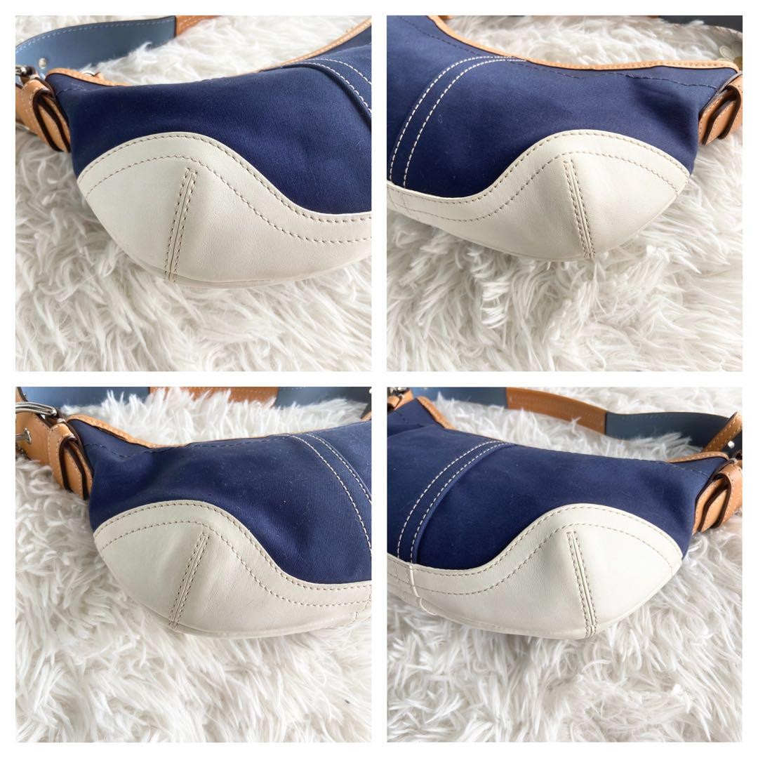 COACH Shoulder Bag Purse Canvas Leather Navy White Authentic