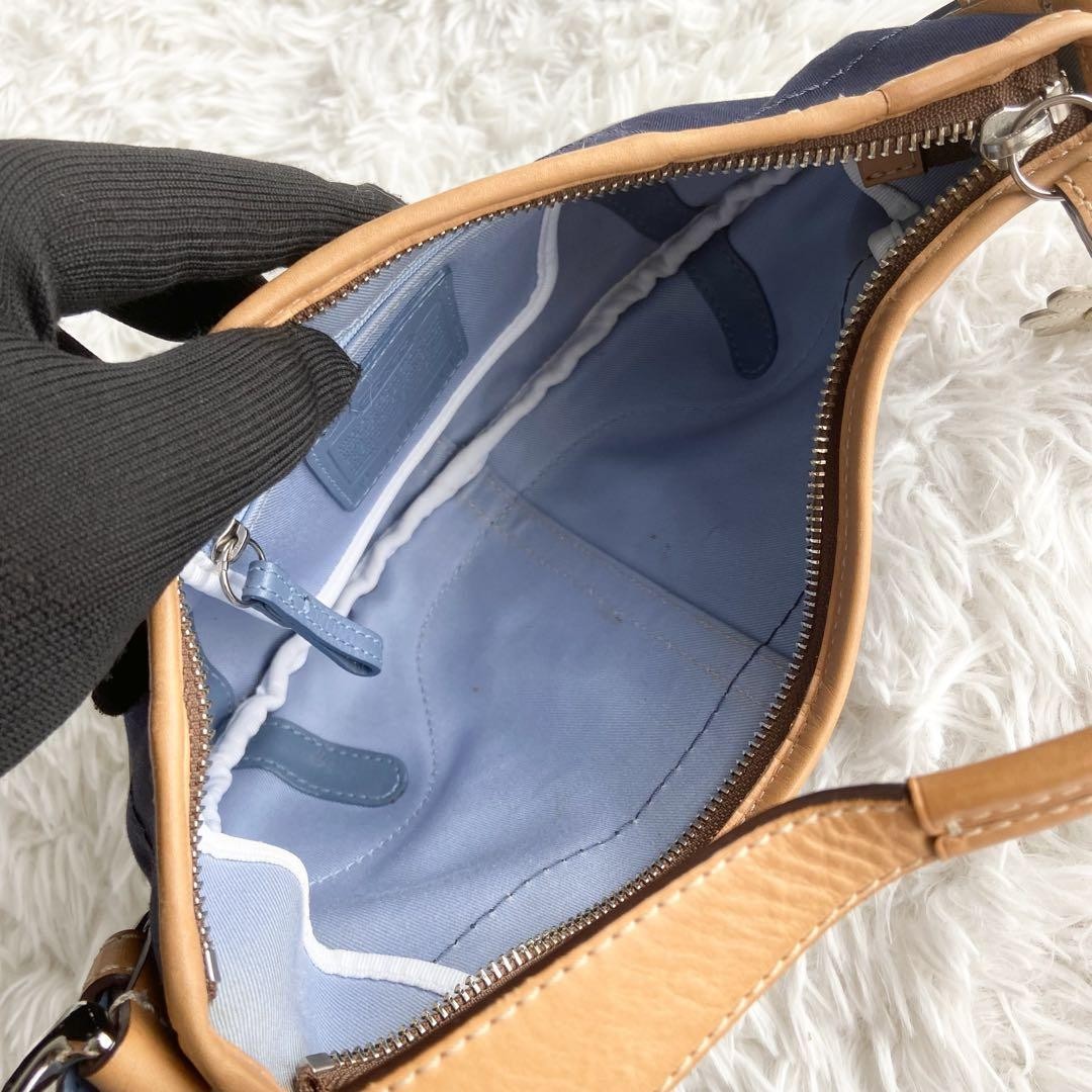 COACH Shoulder Bag Purse Canvas Leather Navy White Authentic
