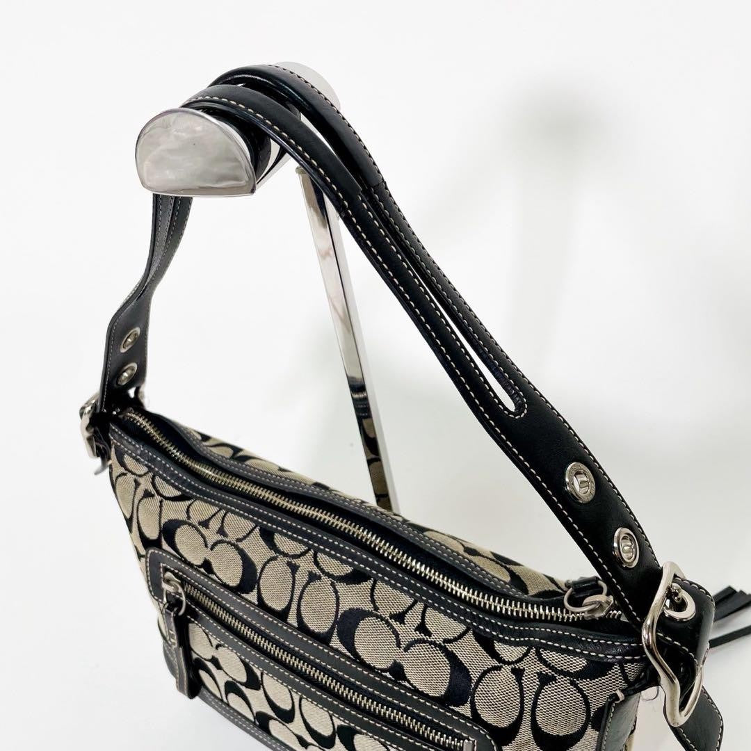 COACH Shoulder Bag Purse Signature 9363 Canvas Leather Navy Authentic