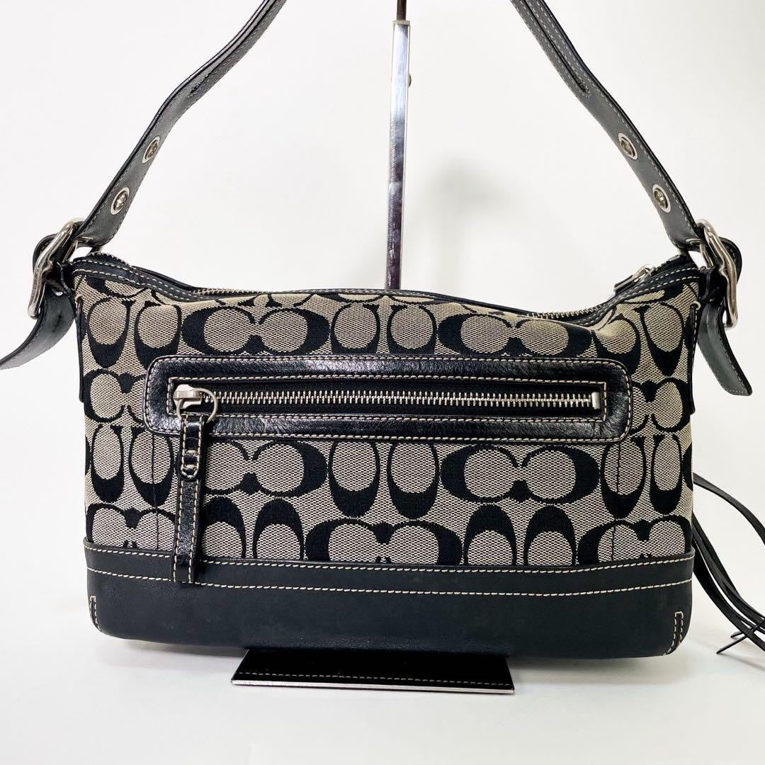 COACH Shoulder Bag Purse Signature 9363 Canvas Leather Navy Authentic