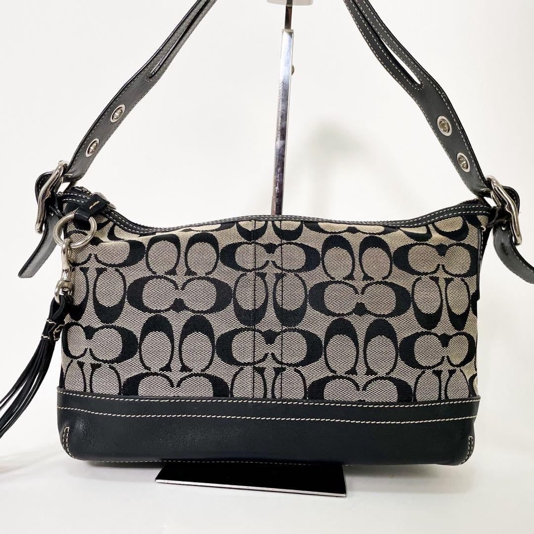 COACH Shoulder Bag Purse Signature 9363 Canvas Leather Navy Authentic