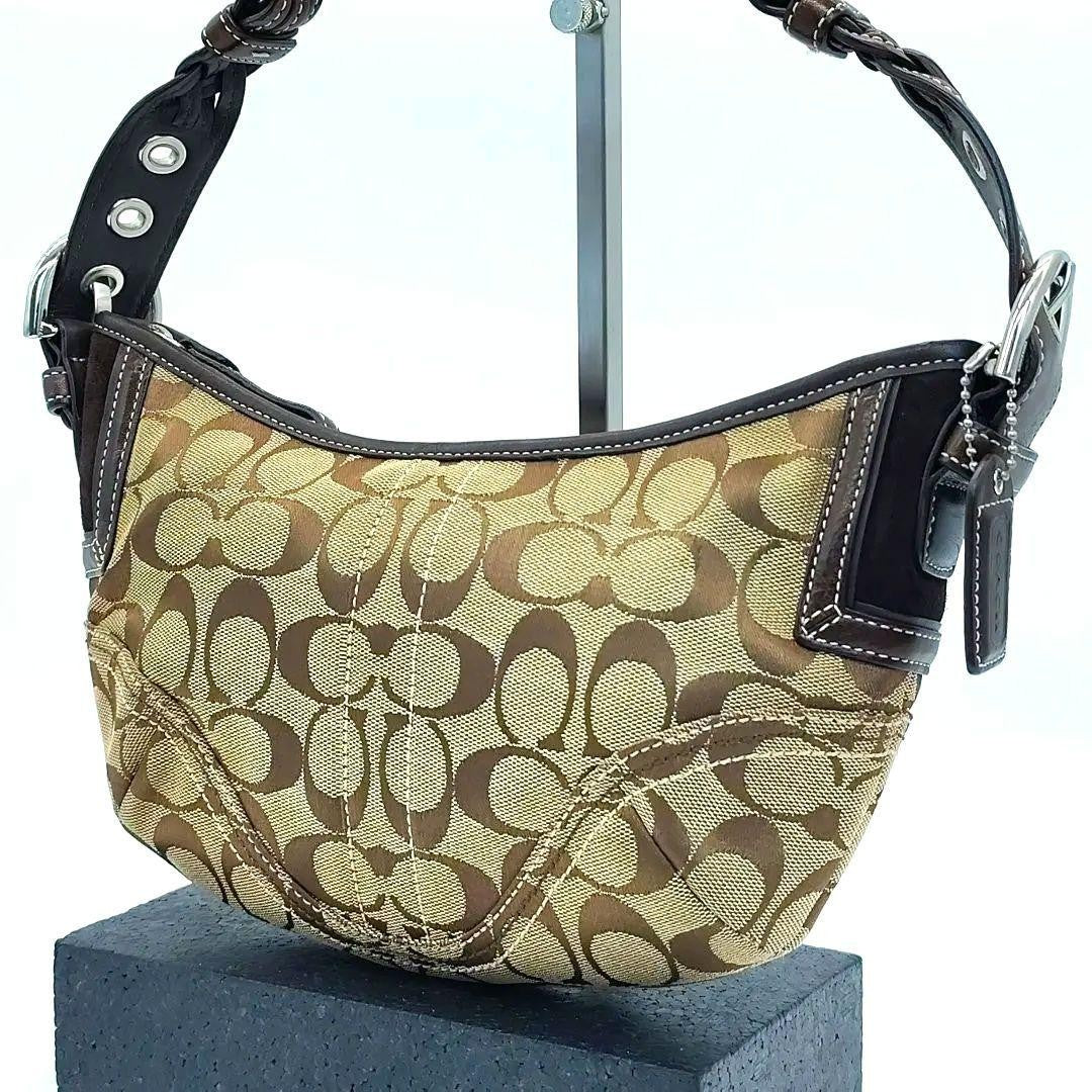 COACH Shoulder Bag Purse Signature Canvas Leather Beige Brown Authentic