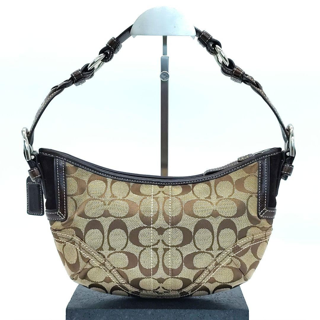 COACH Shoulder Bag Purse Signature Canvas Leather Beige Brown Authentic