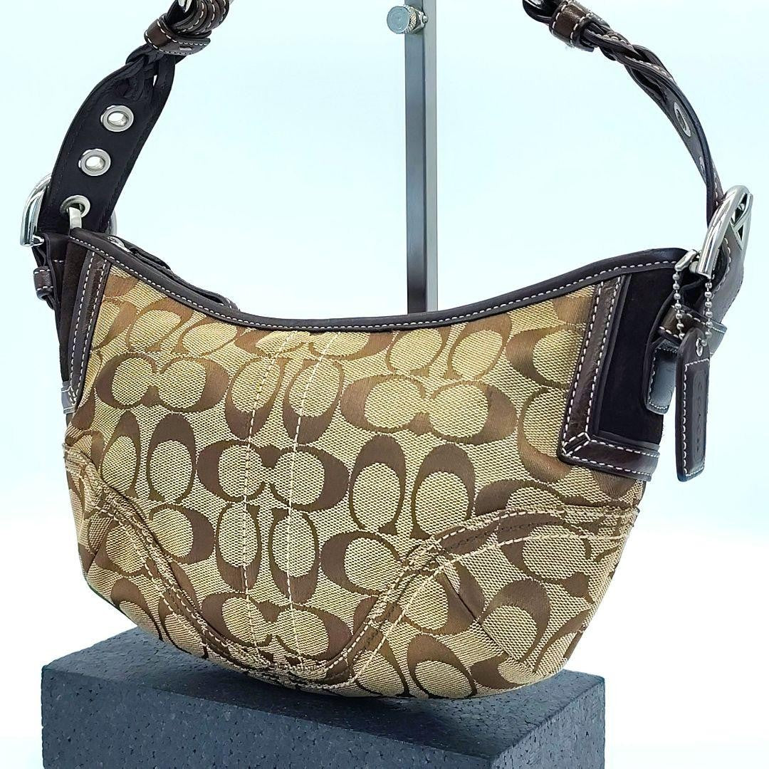 COACH Shoulder Bag Purse Signature Canvas Leather Beige Brown Authentic