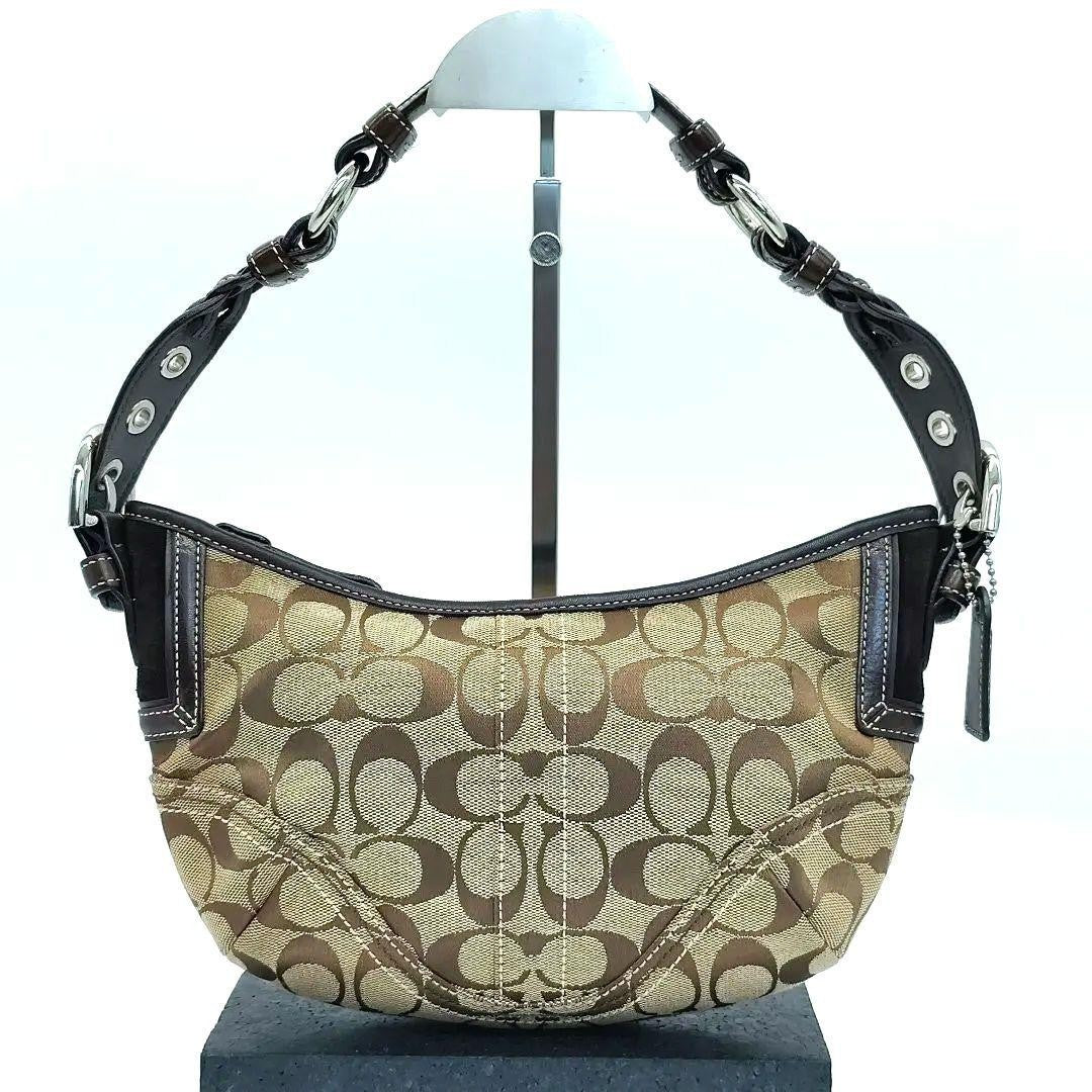 COACH Shoulder Bag Purse Signature Canvas Leather Beige Brown Authentic