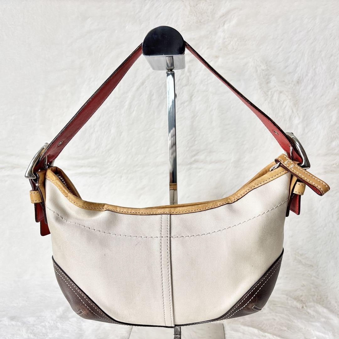 COACH Shoulder Bag Purse Canvas Leather Off White Brown Authentic