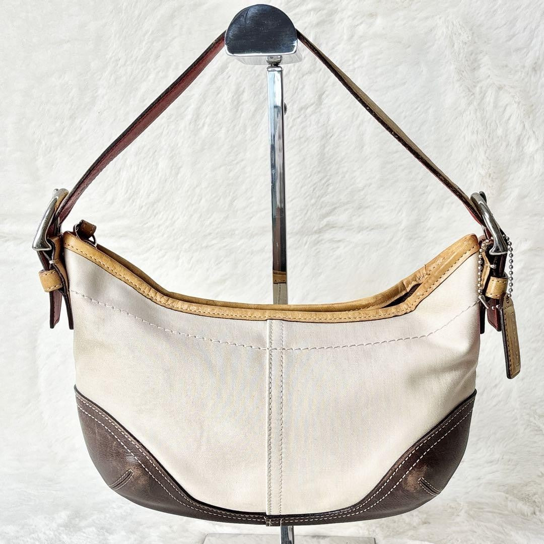 COACH Shoulder Bag Purse Canvas Leather Off White Brown Authentic