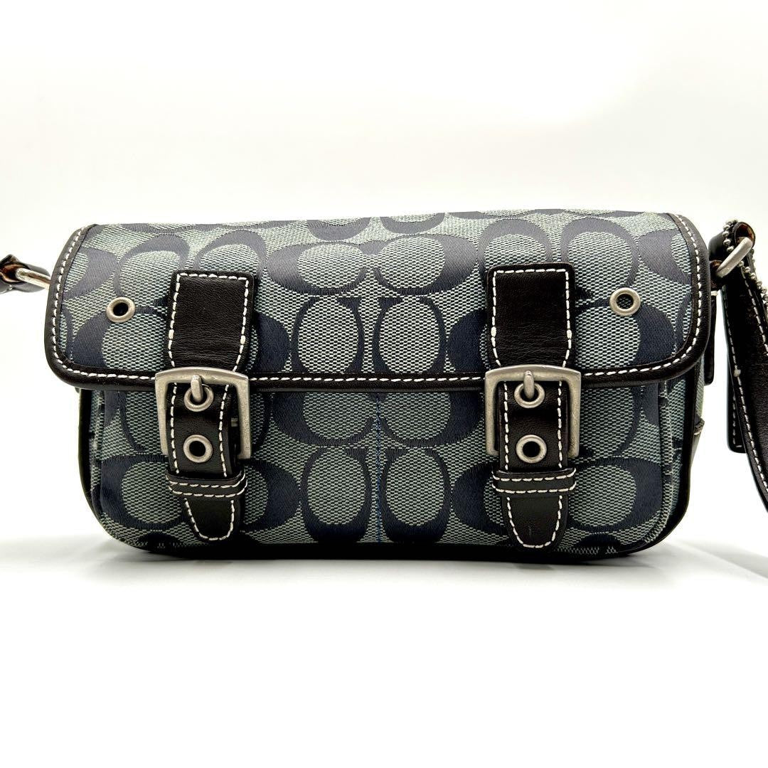 COACH Shoulder Bag Purse Signature Canvas Leather Navy Brown Authentic