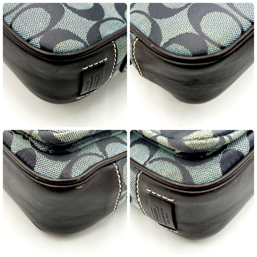 COACH Shoulder Bag Purse Signature Canvas Leather Navy Brown Authentic