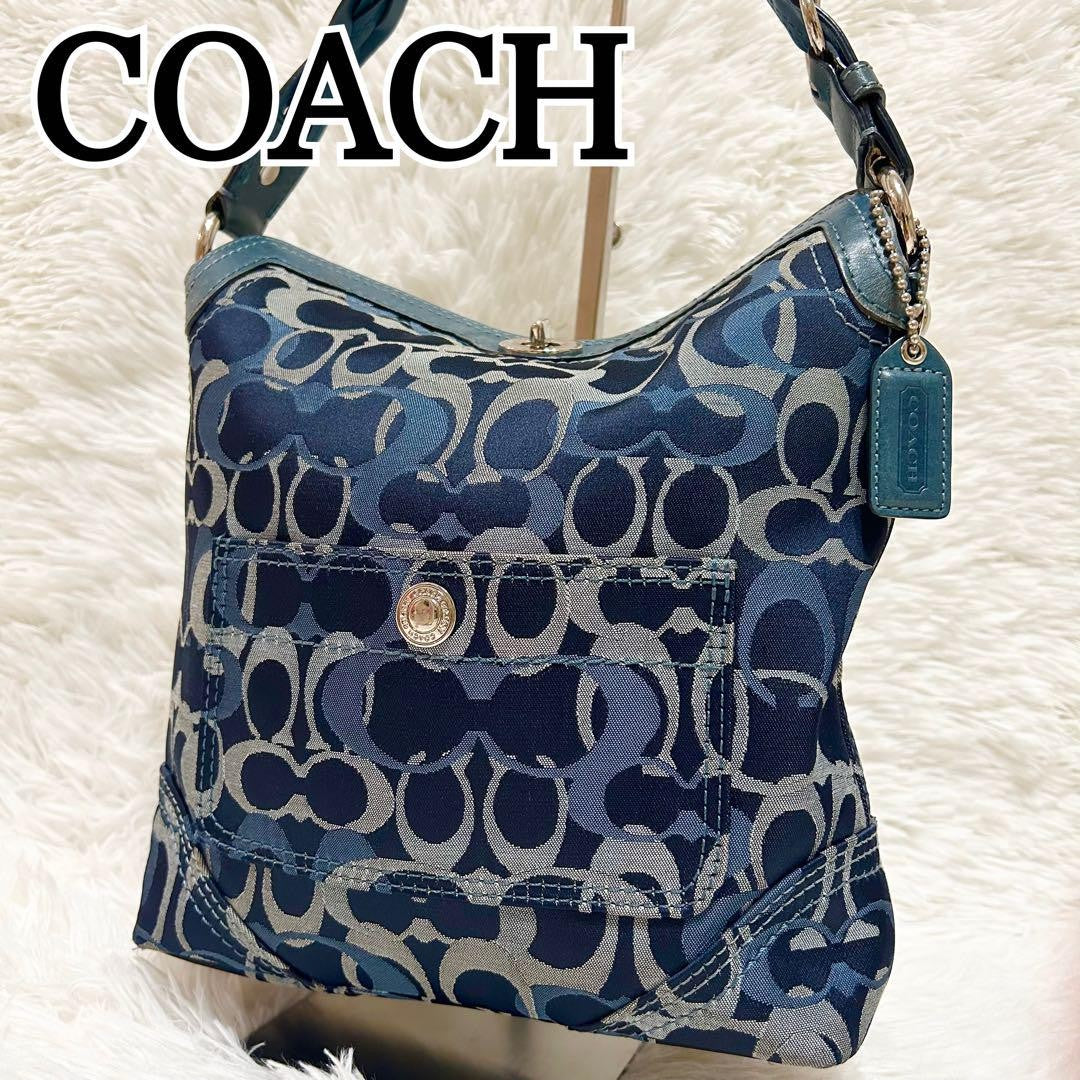 COACH Shoulder Bag Purse Signature Canvas Leather Blue Navy Authentic