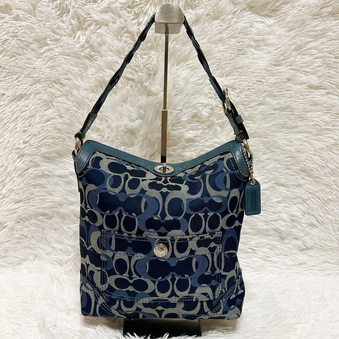 COACH Shoulder Bag Purse Signature Canvas Leather Blue Navy Authentic