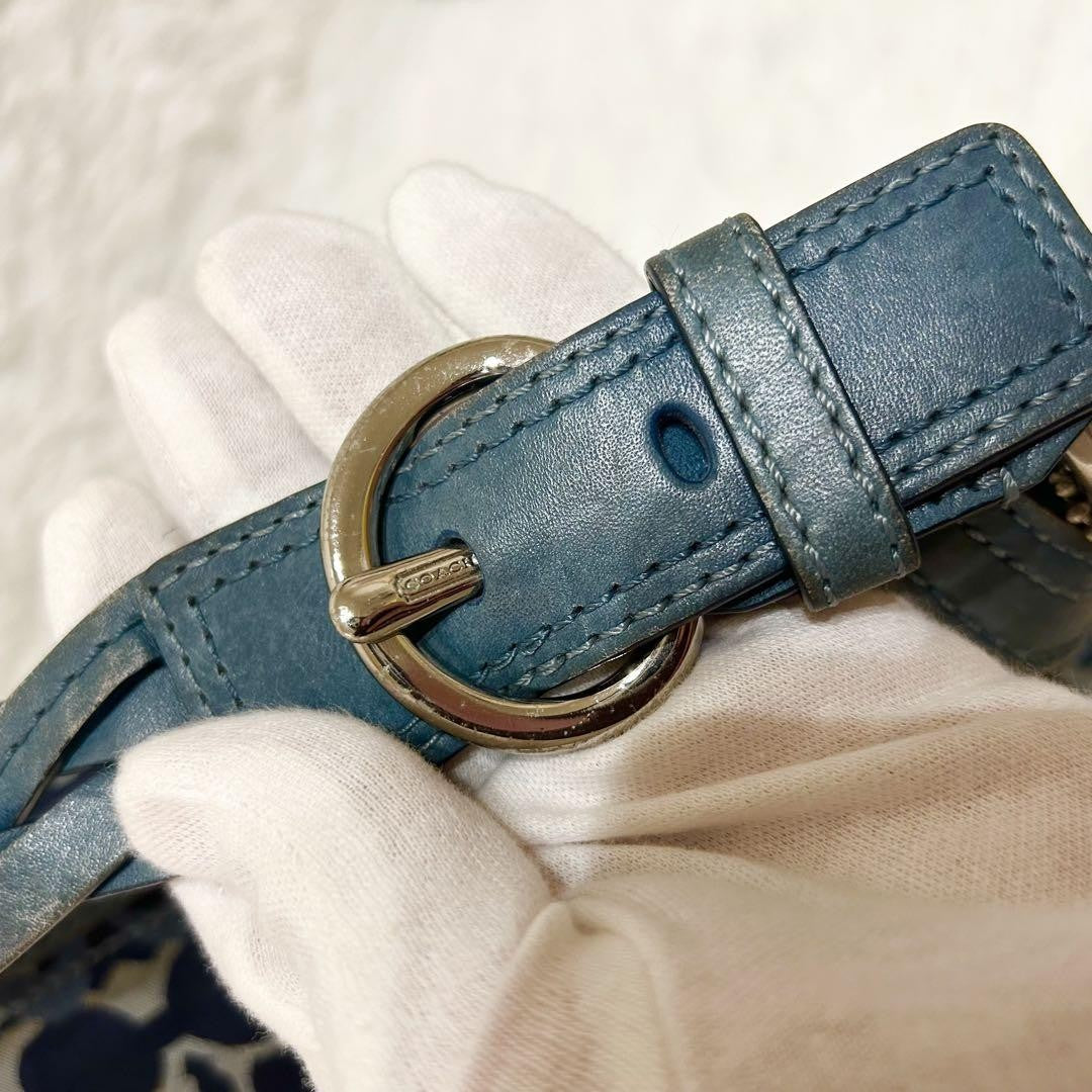 COACH Shoulder Bag Purse Signature Canvas Leather Blue Navy Authentic