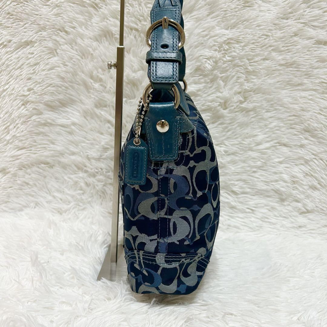 COACH Shoulder Bag Purse Signature Canvas Leather Blue Navy Authentic