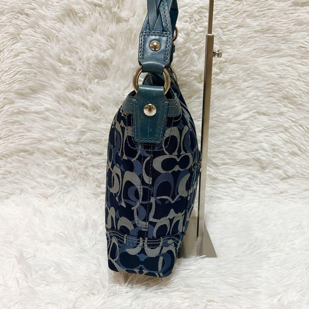 COACH Shoulder Bag Purse Signature Canvas Leather Blue Navy Authentic