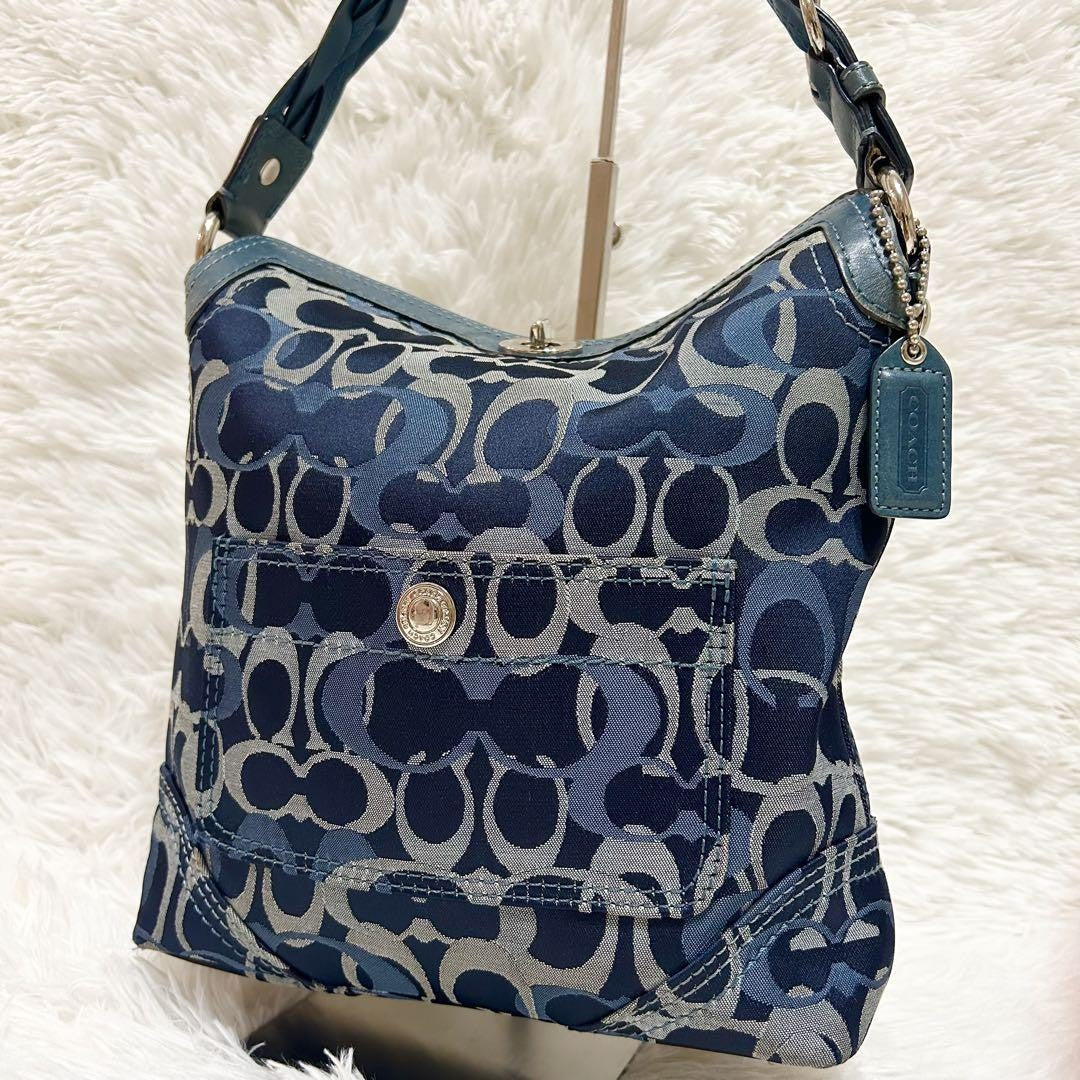 COACH Shoulder Bag Purse Signature Canvas Leather Blue Navy Authentic