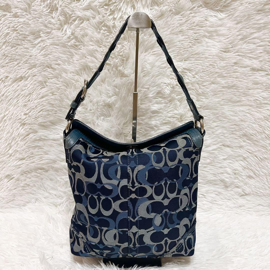 COACH Shoulder Bag Purse Signature Canvas Leather Blue Navy Authentic