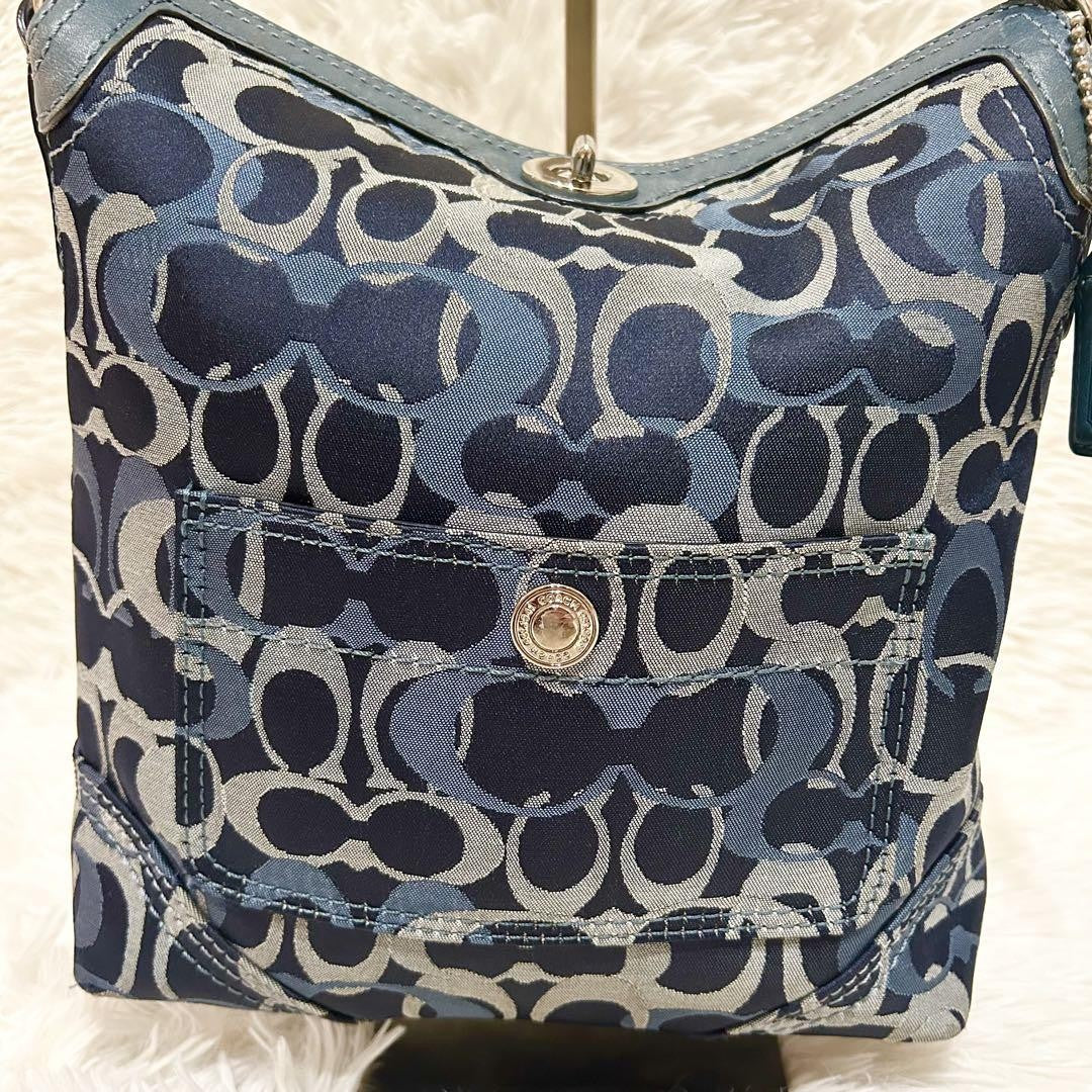 COACH Shoulder Bag Purse Signature Canvas Leather Blue Navy Authentic